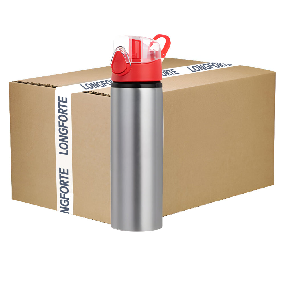 CARTON COMPLET - 60 x Bouteilles d'eau - ROUGE - Couvercle rabattable coloré - 750 ml - Argent