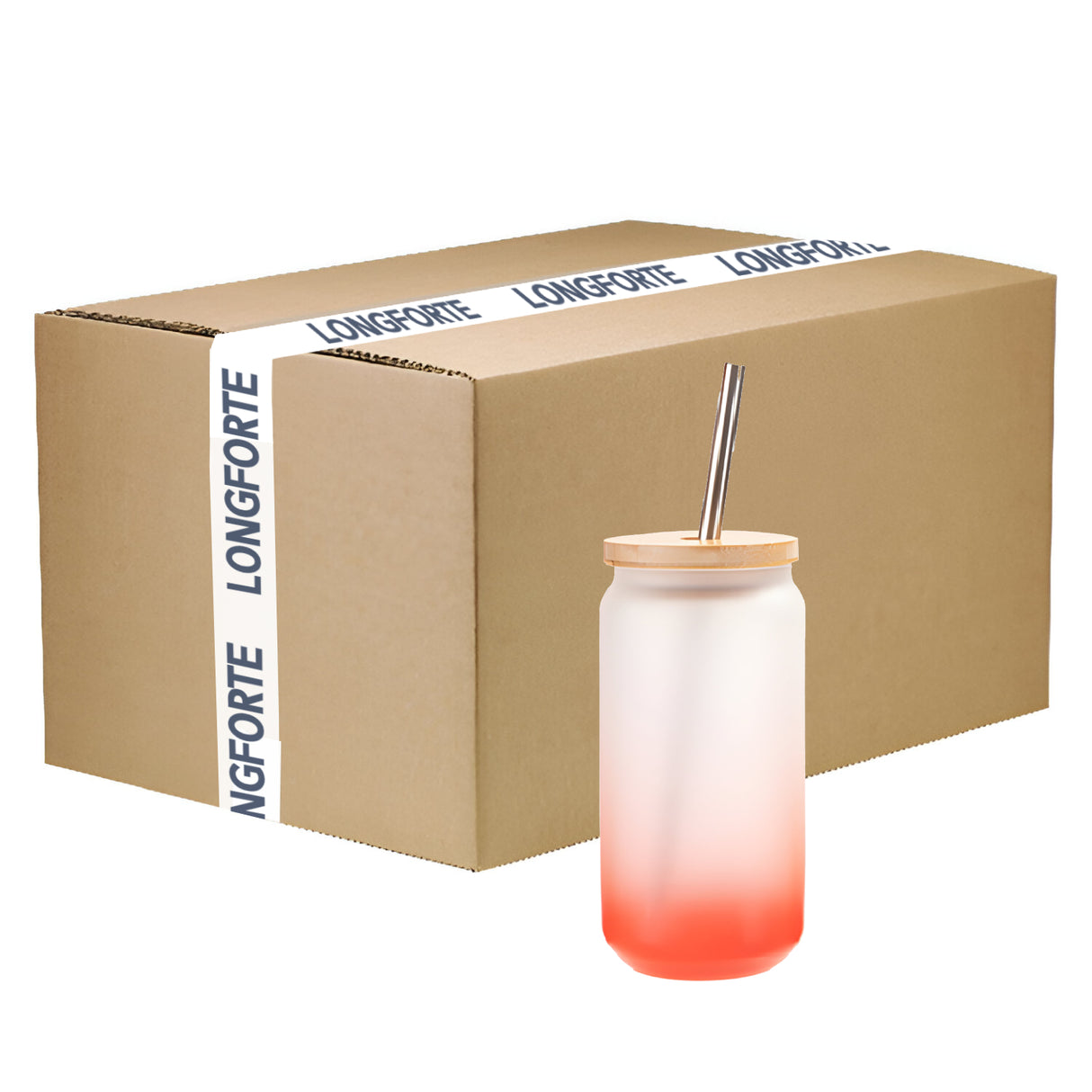 Becher - Glas - 550ml Glas mit Bambusdeckel und Strohhalm - ROT