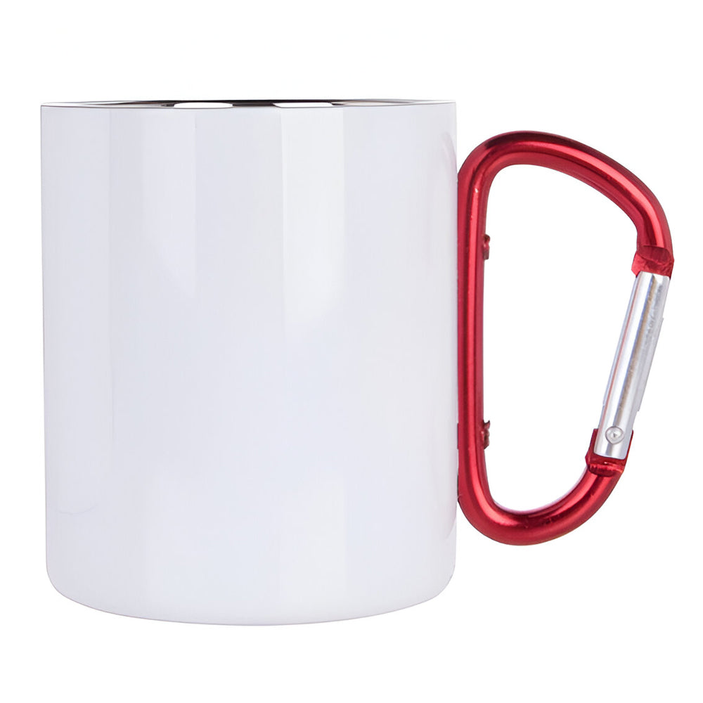 FULL CARTON - 100 x Metal & Enamel Mugs - RED HANDLE - White Steel - 300ml - Longforte Trading Ltd