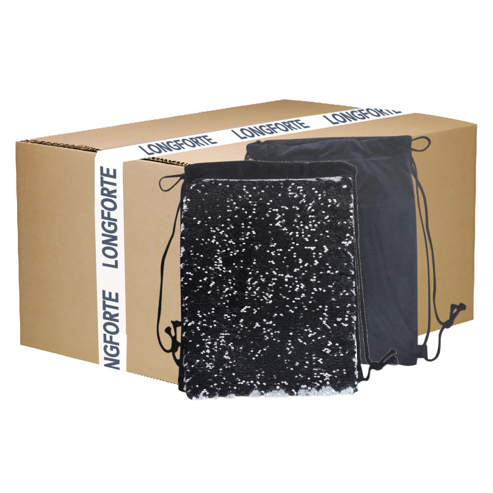 Wholesale Carton - 50 x Sequin DRAWSTRING Bags - 38.5cm x 30cm - BLACK