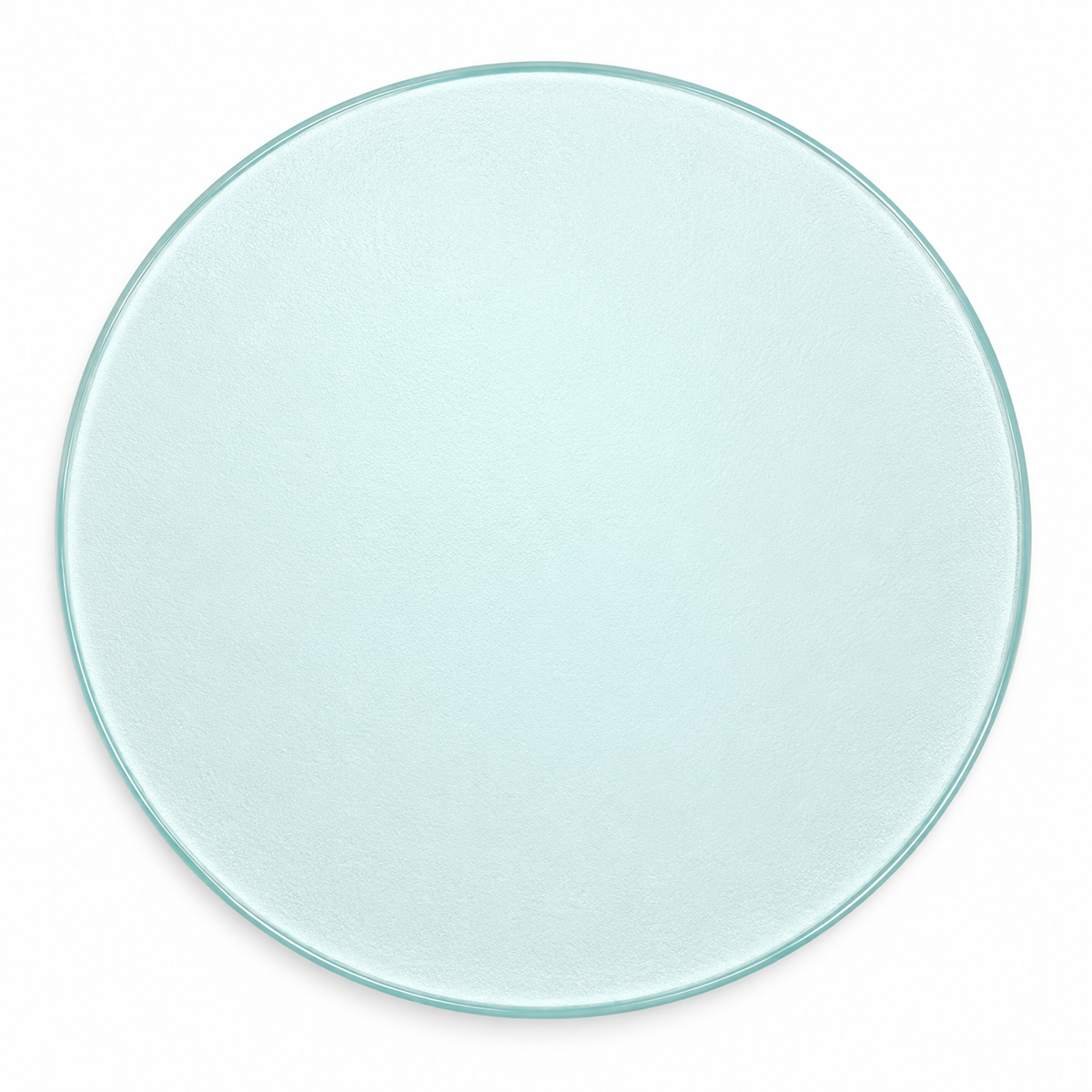 A round, clear glass plate with a subtle light blue tint, shown from a top-down perspective on a white background.
