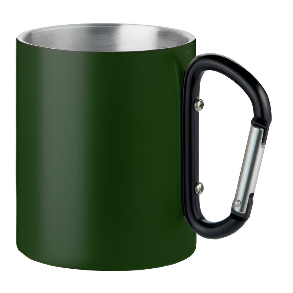 Engravable Stainless Steel Mug – Deep Green with Black Carabiner Handle – 300ml
