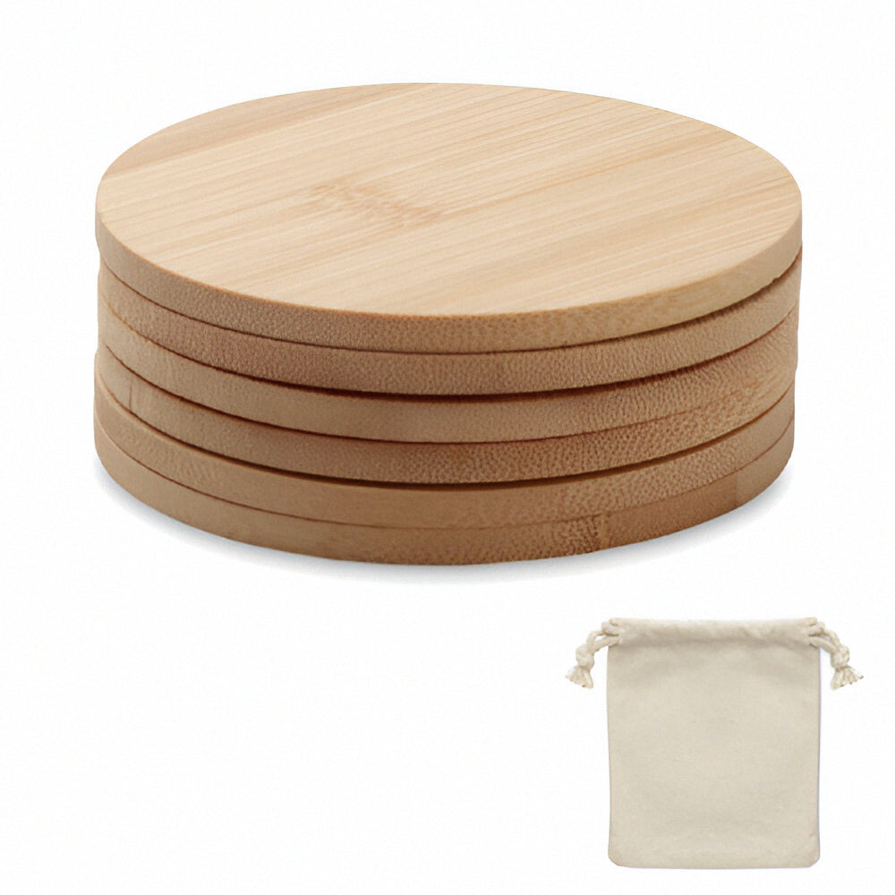 Engravable Bamboo Coasters with Cotton Storage Bag - Round