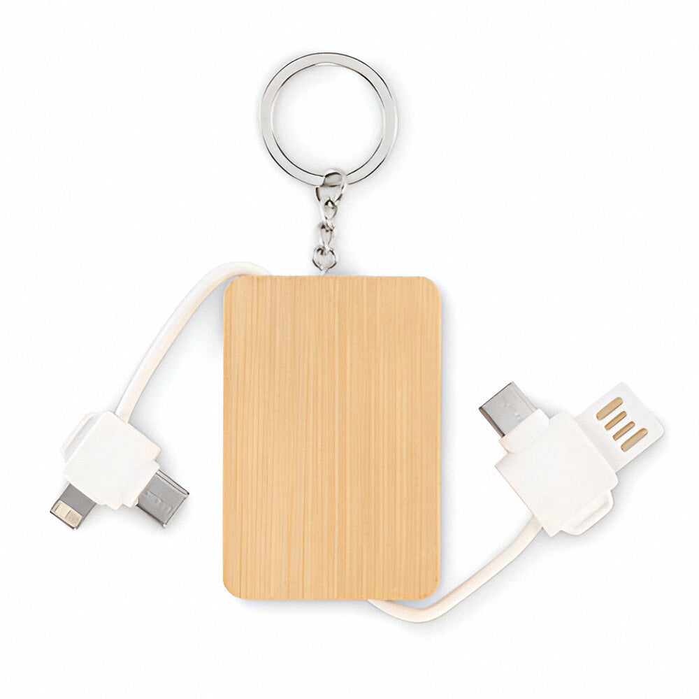 Engravable Bamboo Keyring With In-Built Charging Cables