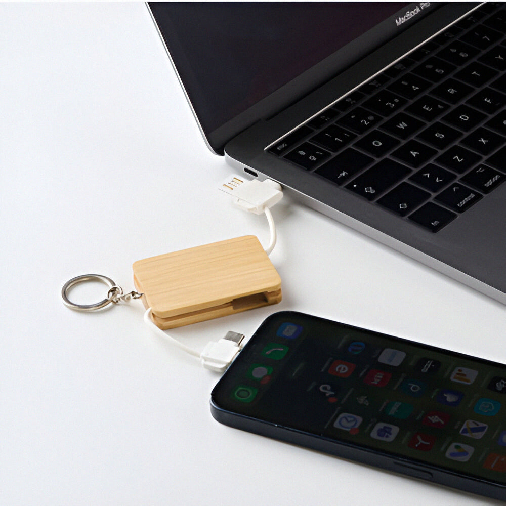 Engravable Bamboo Keyring With In-Built Charging Cables