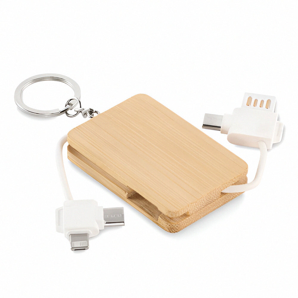 Engravable Bamboo Keyring With In-Built Charging Cables