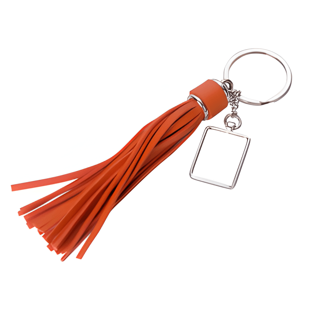 Porte-clés - 10 x Porte-clés en métal et PU - RECTANGLE - Pompon long - 2 cm x 14 cm - Orange