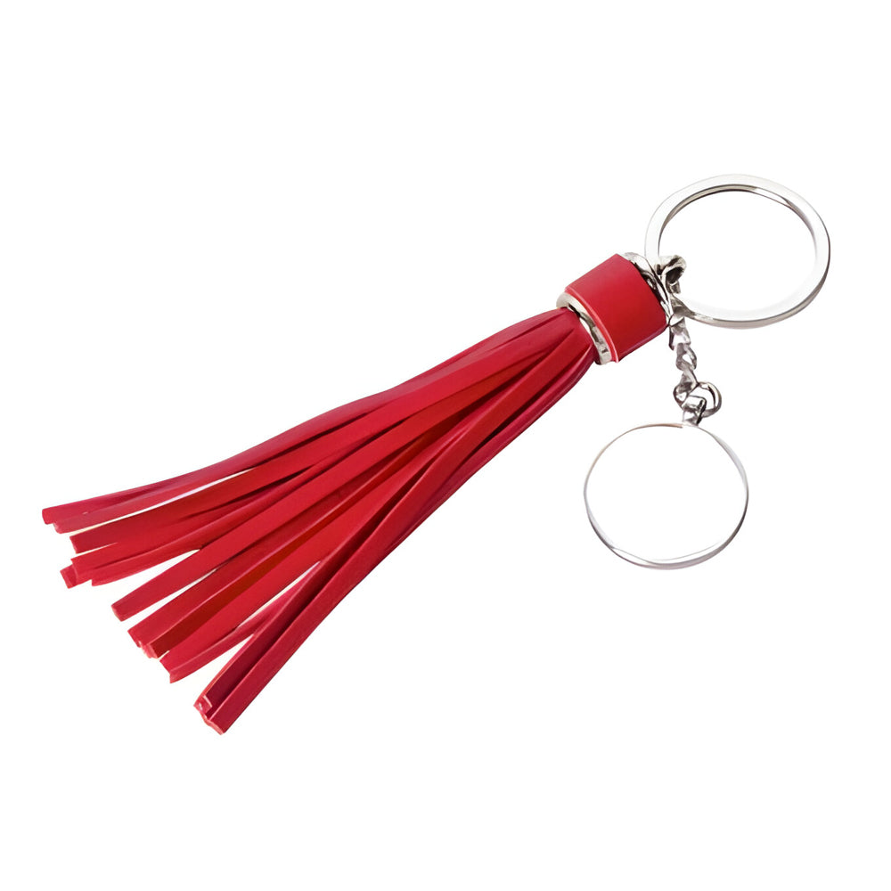 Keyring - 10 x Metal & PU Keyring - ROUND - Long Tassel - 2cm x 14cm - Red