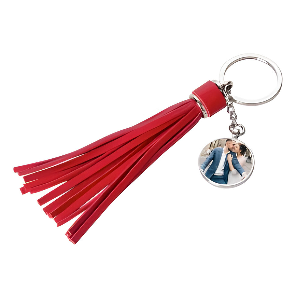 Keyring - 10 x Metal & PU Keyring - ROUND - Long Tassel - 2cm x 14cm - Red
