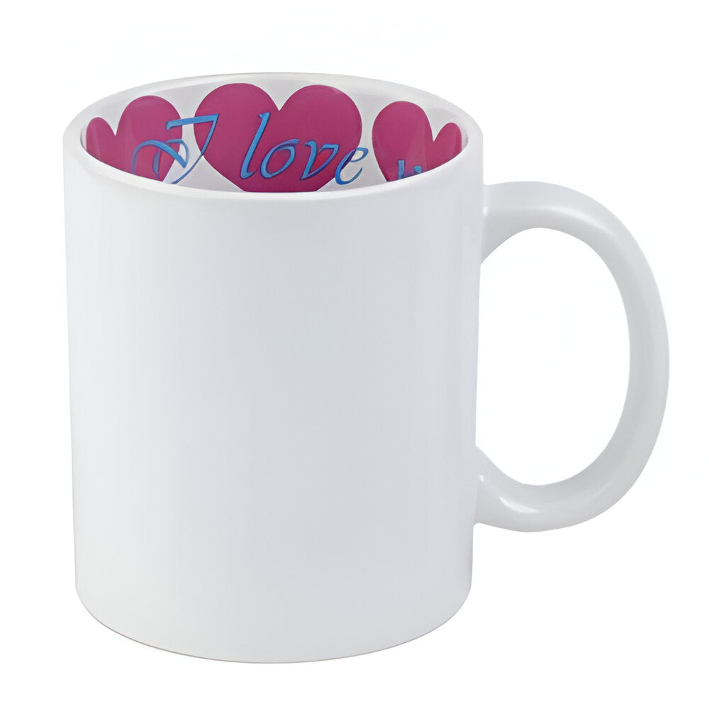 11oz Sublimation Mug – White with “I Love You” Pink Heart Inner Print