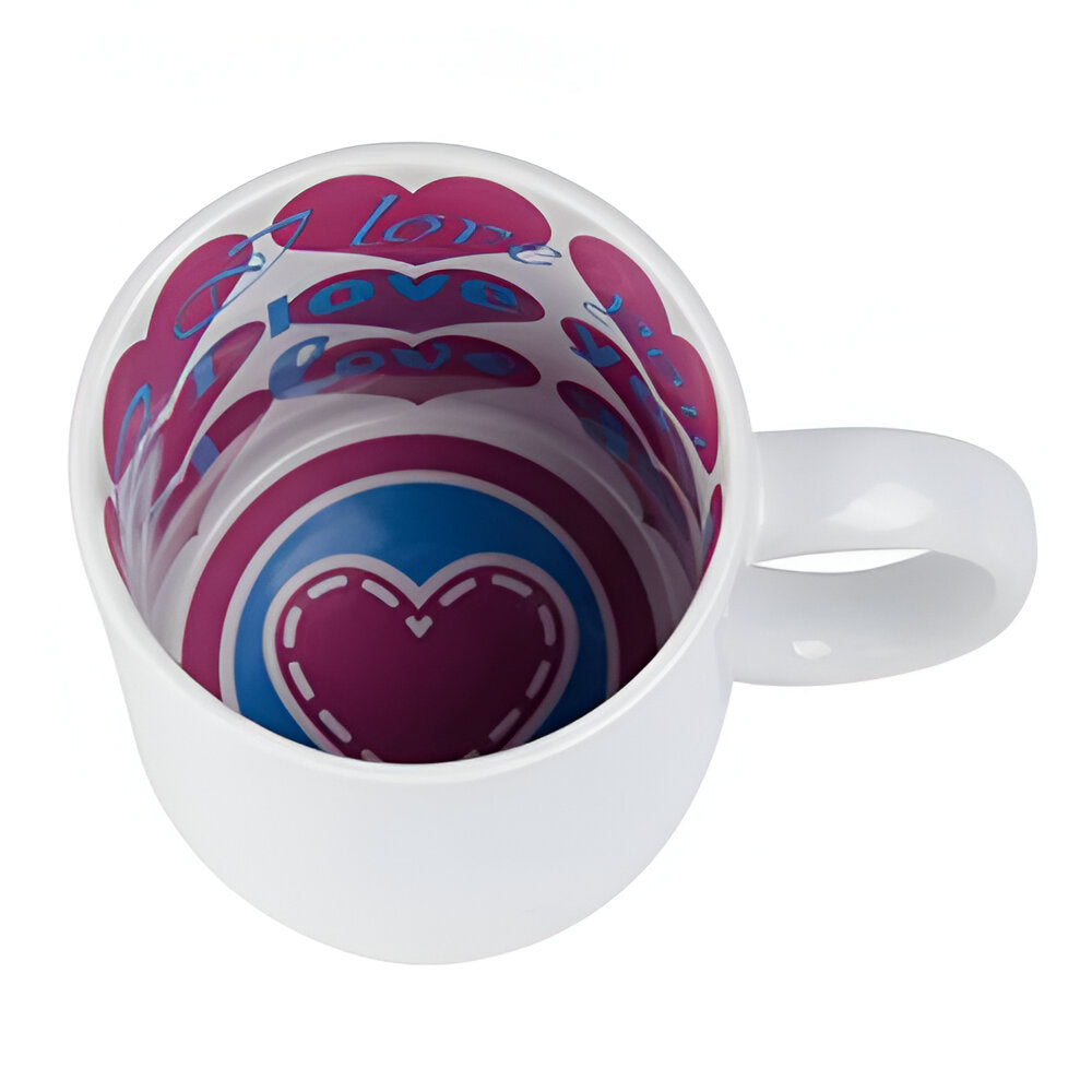 11oz Sublimation Mug – White with “I Love You” Pink Heart Inner Print