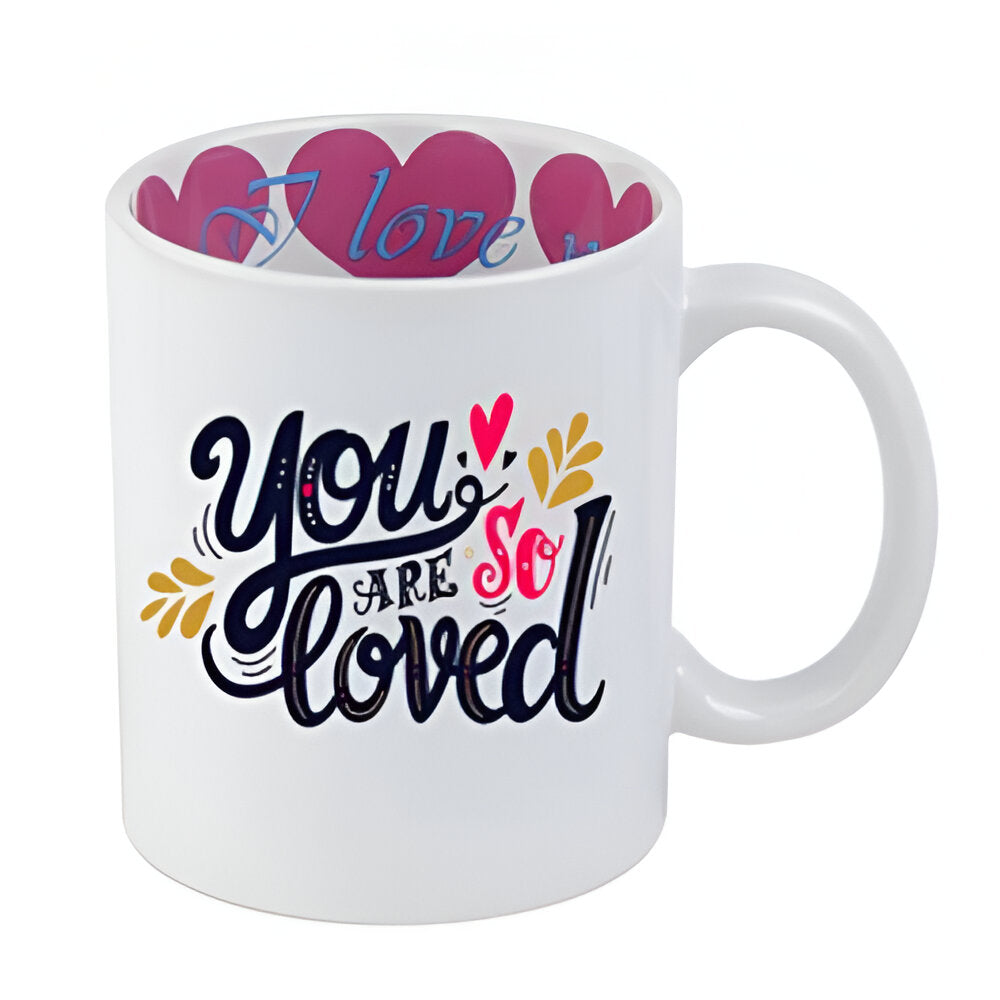 11oz Sublimation Mug – White with “I Love You” Pink Heart Inner Print