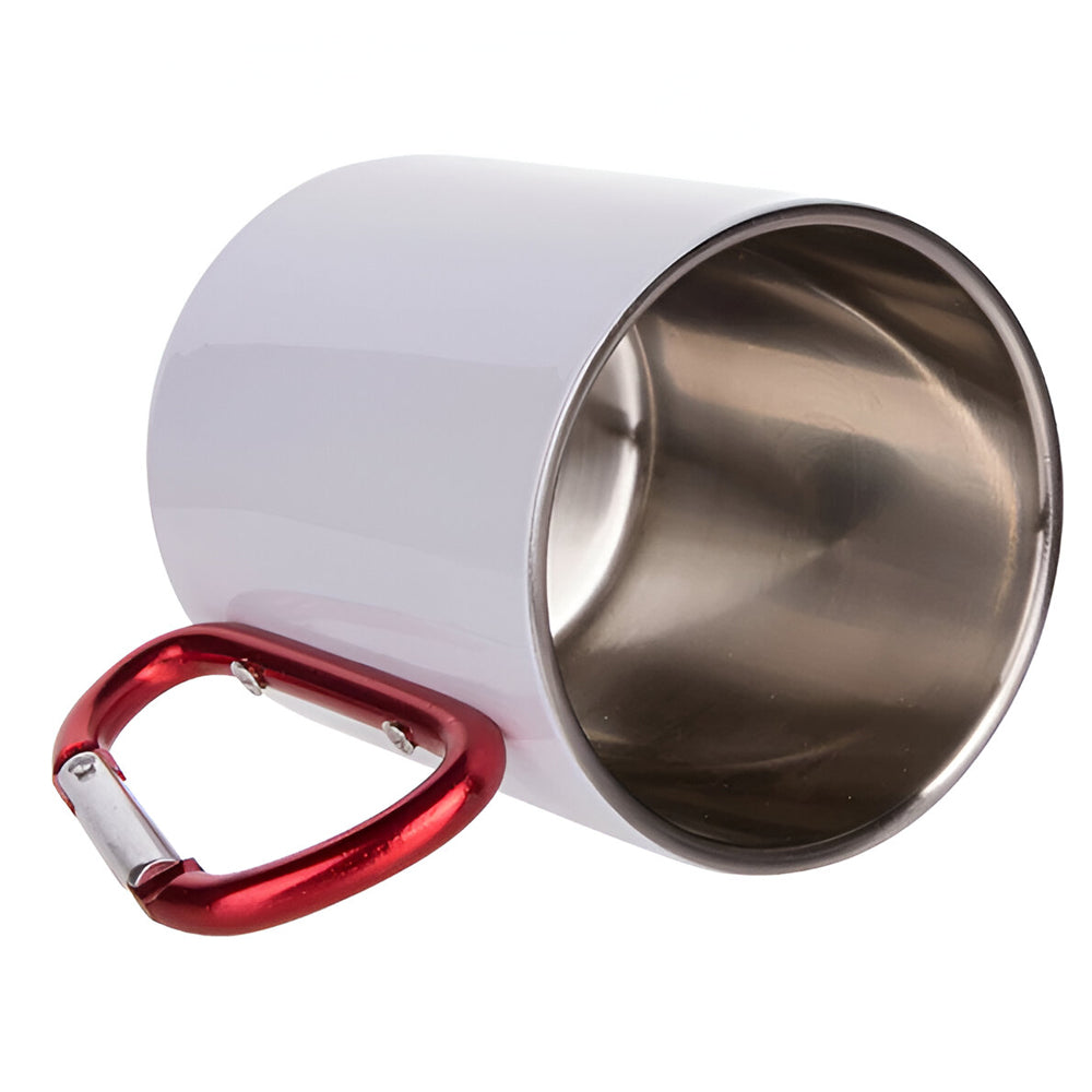 Mugs - Metal & Enamel Mugs - RED HANDLE - White Steel - 300ml - Longforte Trading Ltd