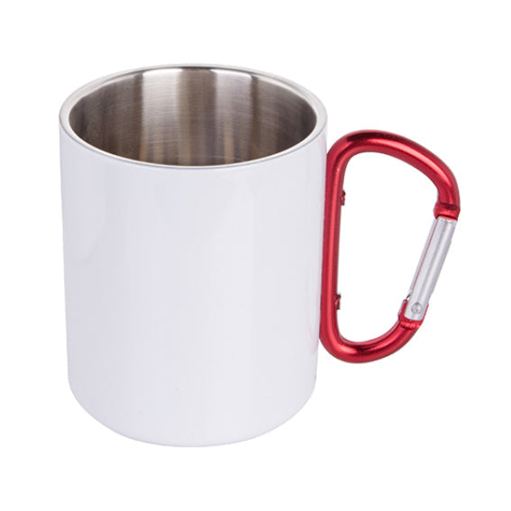 FULL CARTON - 100 x Metal & Enamel Mugs - RED HANDLE - White Steel - 300ml - Longforte Trading Ltd