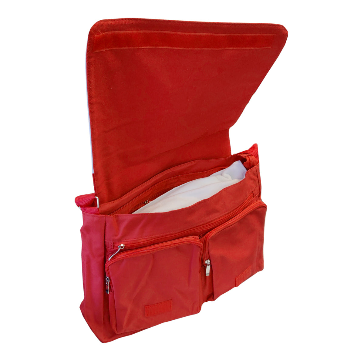 CARTON COMPLET - 25 x GRANDS SACS À BANDOULIÈRE avec POCHES - 38 cm x 30 cm - ROUGE