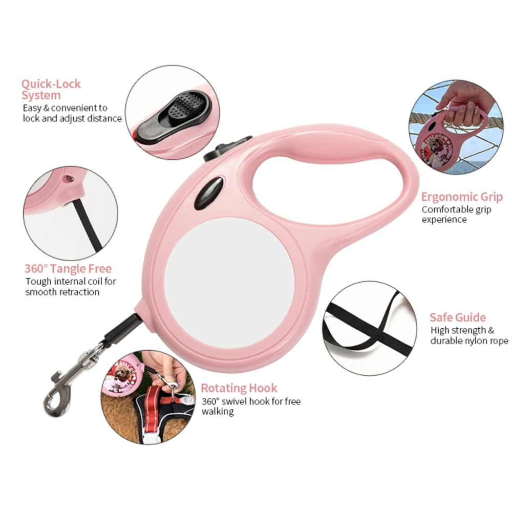 Retractable 5m Sublimation Pet Lead with Printable Insert – Pink