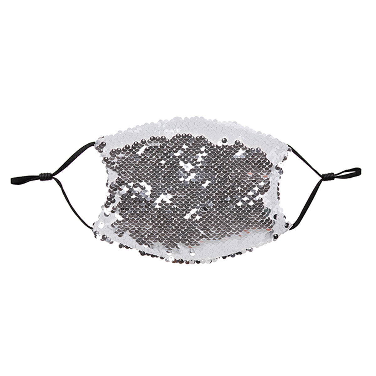 Face Coverings - Silver/ White Sequin Mask - Black Straps - ADULT Size with 2 x PM2.5 Filters - Longforte Trading Ltd