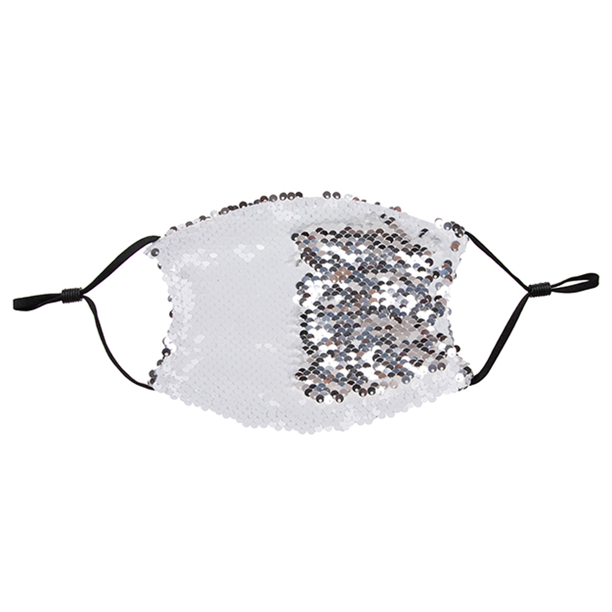 Face Coverings - Silver/ White Sequin Mask - Black Straps - ADULT Size with 2 x PM2.5 Filters - Longforte Trading Ltd