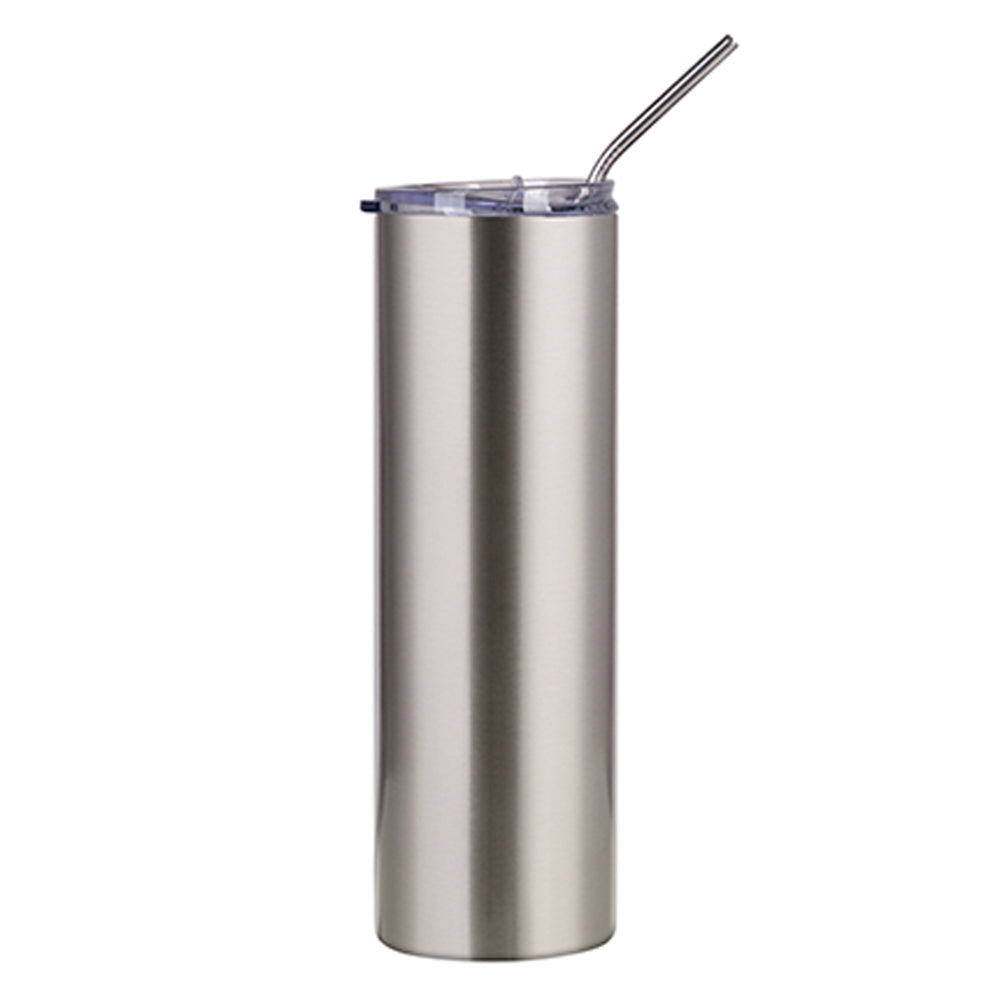 VOLLER KARTON - 25 x Wasserflaschen - Schlanker Edelstahl - SILBER - 600 ml Becher mit Strohhalm