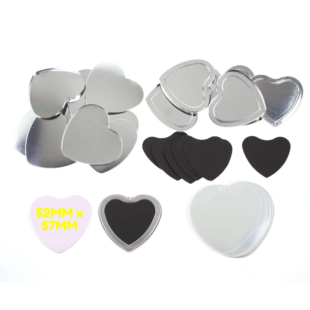 Lot de 100 composants vierges pour la fabrication de badges en forme de cœur, 53 mm x 57,5 mm, avec aimant en caoutchouc