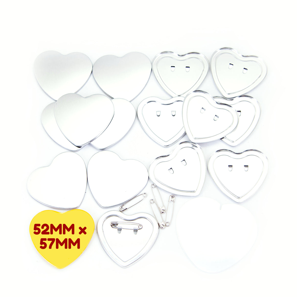 Lot de 100 composants vierges pour la fabrication de badges en forme de cœur, 52 mm x 57 mm, avec épingle de sécurité