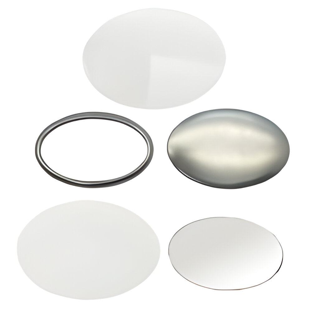 100 Stück Blanko-Komponenten zur Herstellung ovaler Buttons (45 x 65 mm) mit verspiegelter Rückseite.