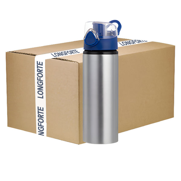 VOLLER KARTON - 60 x Wasserflaschen - BLAU - Farbiger Klappdeckel - 750ml - Silber