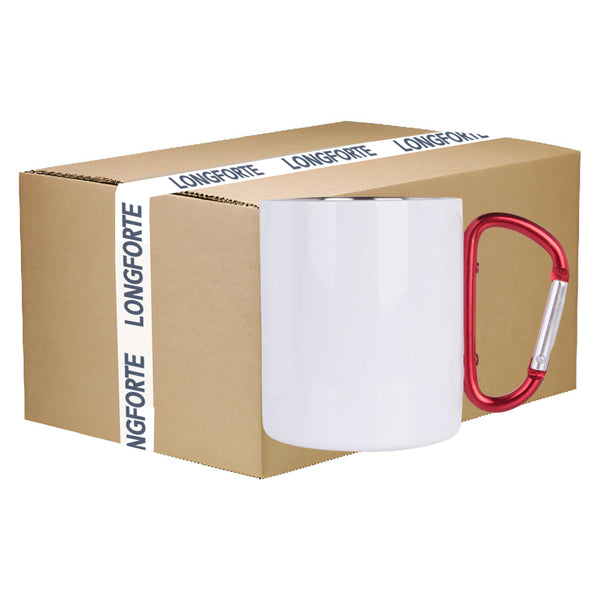FULL CARTON - 100 x Metal & Enamel Mugs - RED HANDLE - White Steel - 300ml - Longforte Trading Ltd
