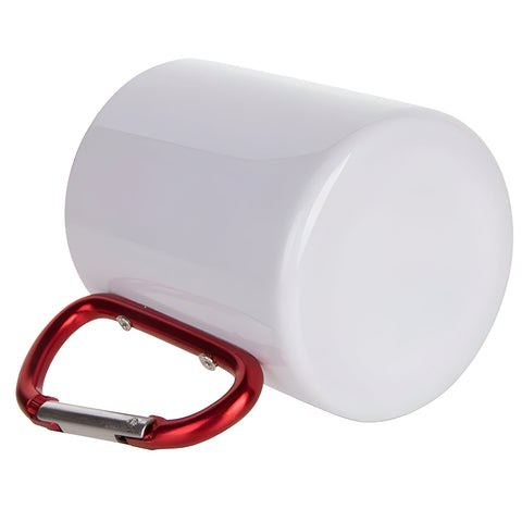 FULL CARTON - 100 x Metal & Enamel Mugs - RED HANDLE - White Steel - 300ml