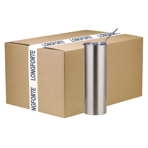 FULL CARTON - 25 x Water Bottles - Slim Stainless Steel - SILVER - 600ml Tumbler with Straw
