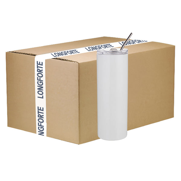 VOLLER KARTON - 25 x Wasserflaschen - Schlanker Edelstahl - WEISS - 600 ml Becher mit Strohhalm 