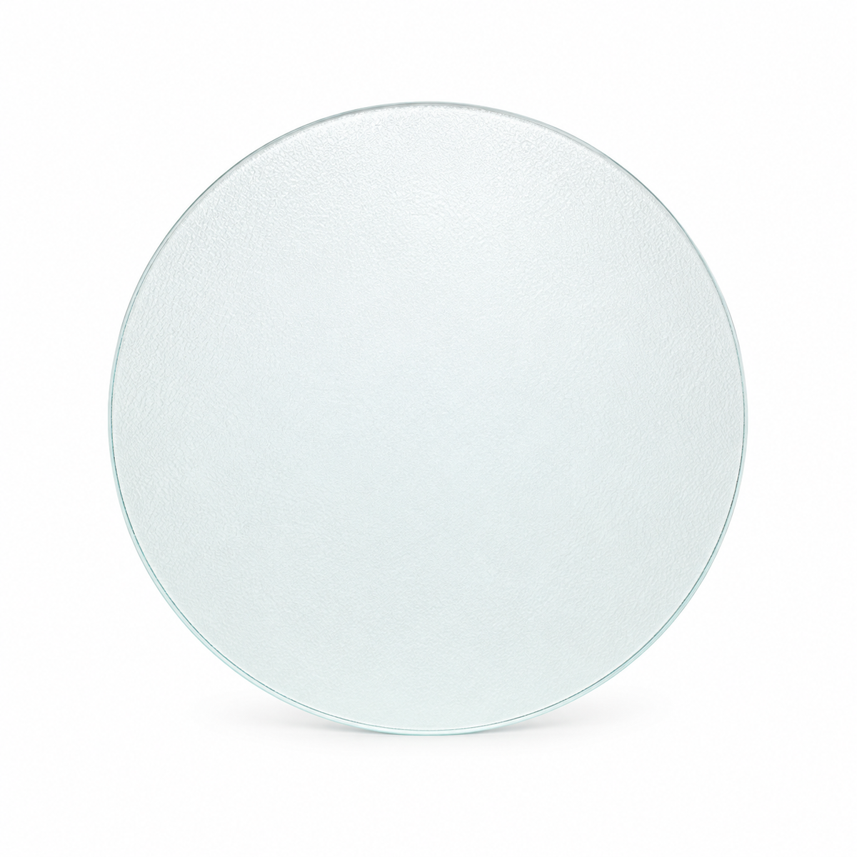 A round, textured clear glass plate or platter shown from a top-down view on a clean white background.