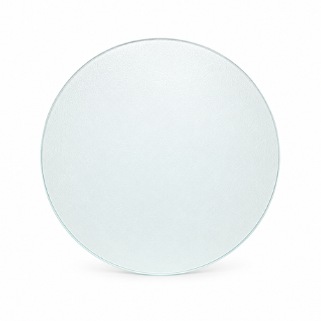 A round, textured clear glass plate or platter shown from a top-down view on a clean white background.