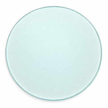A round, clear glass plate with a subtle light blue tint, shown from a top-down perspective on a white background.