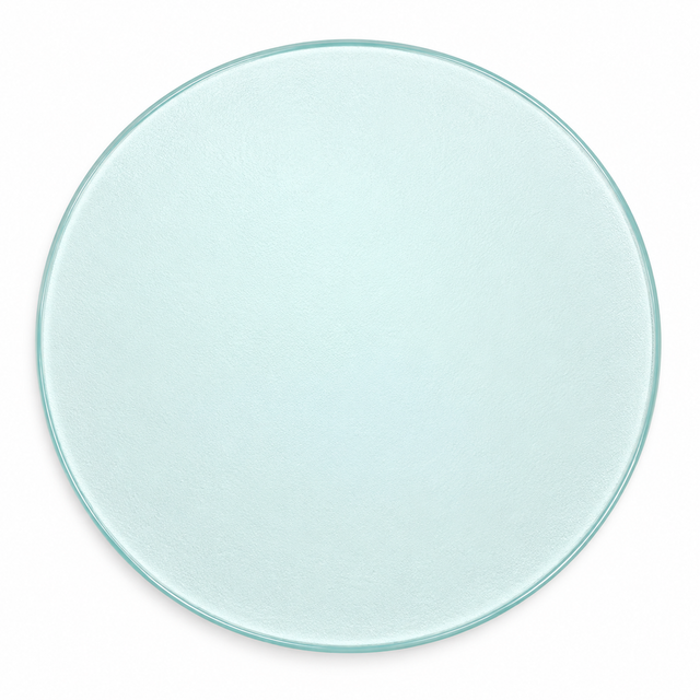 A round, clear glass plate with a subtle light blue tint, shown from a top-down perspective on a white background.