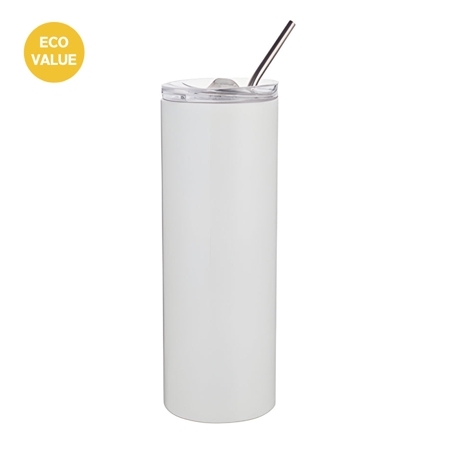 ECO VALUE 600ml Slim Stainless Steel Sublimation Tumbler with Straw - White