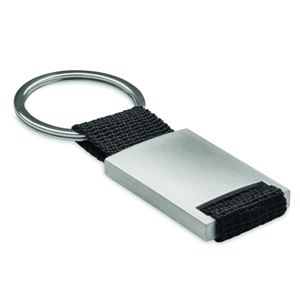Engravable Metal Rectangular Key Ring With Polyester Strap - Black