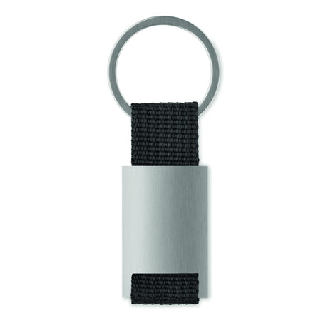 Engravable Metal Rectangular Key Ring With Polyester Strap - Black