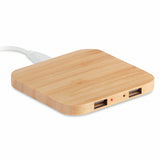 Engravable Bamboo Wireless Charging Pad with Dual USB Hub