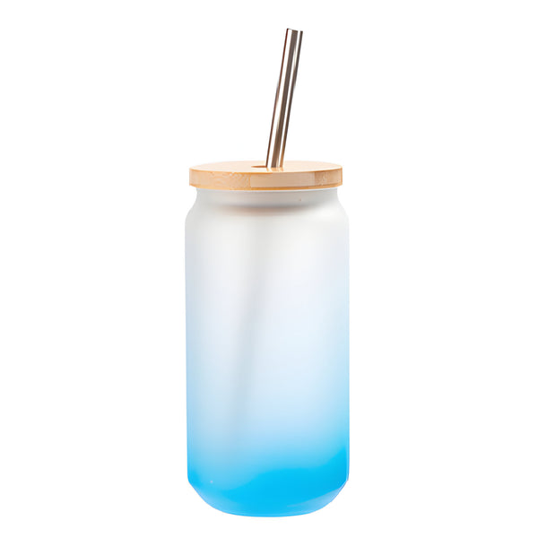 Becher - Glas - 550ml Glas mit Bambusdeckel &amp; Strohhalm - HELLBLAU