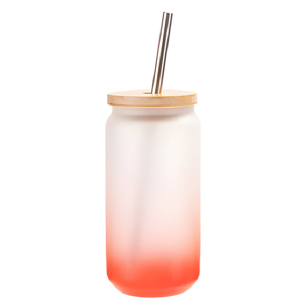Becher - Glas - 550ml Glas mit Bambusdeckel und Strohhalm - ROT