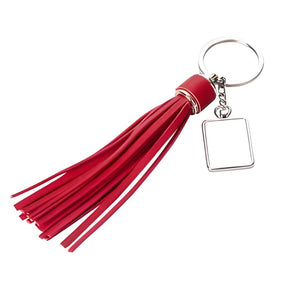 Red Sublimation Metal & PU Keyring with Long Tassel, Rectangle, pack of 10