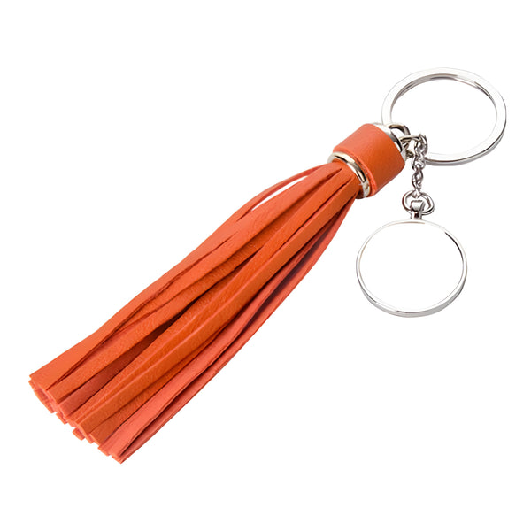 Keyring - 10 x Metal & PU Keyring - ROUND - Long Tassel - Orange