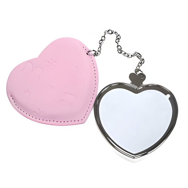 Pocket Compact Mirror - Leather/ PU - Pink - Heart Shaped