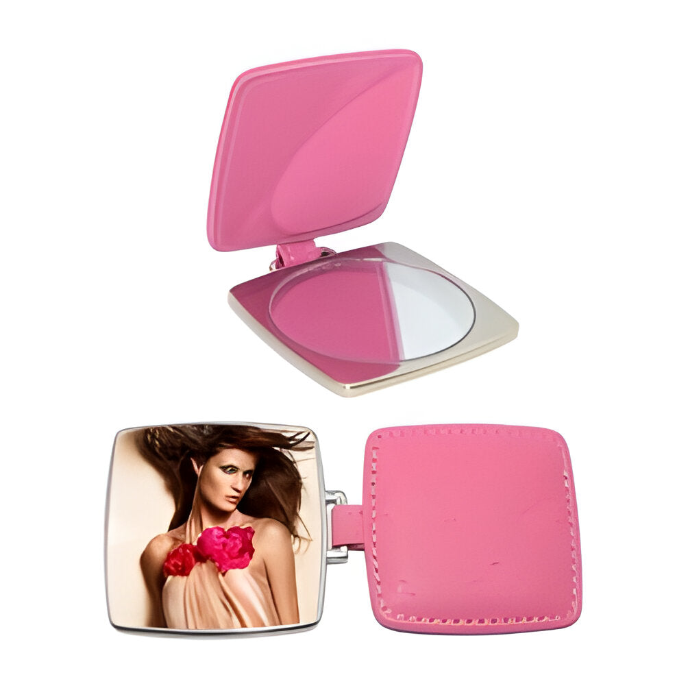 Pocket Compact Mirror - Leather/ PU - Pink - Curved Square