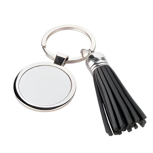 Schlüsselanhänger - 10 x Schlüsselanhänger aus Metall und PU - rund - kurze Quaste - schwarz 