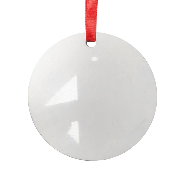 Ornamente – 10 x MDF-Hängeornament mit roter Schleife – 5 cm x 5 cm – rund