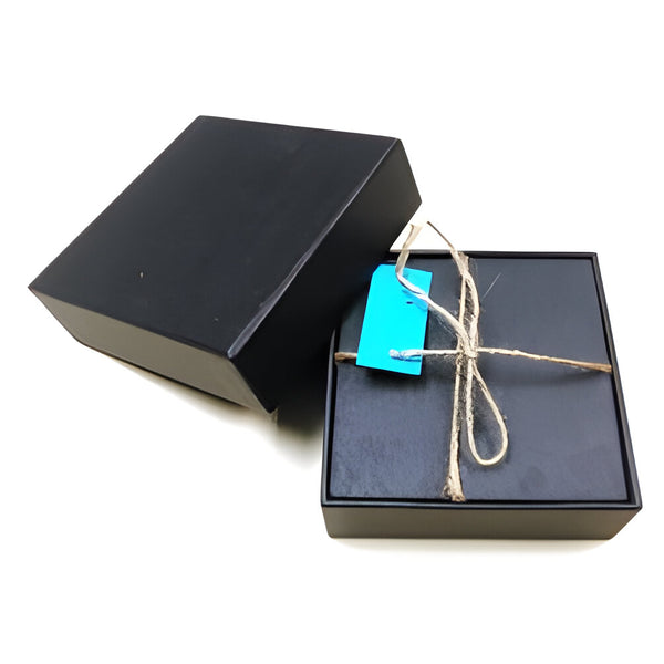 Black Slate - Engravable - Set of 4 Smooth Edge Slate Coasters in GIFTBOX - Longforte Trading Ltd