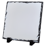A square-shaped glossy photo slate with a white printing area and black slate edges, displayed on a stand.