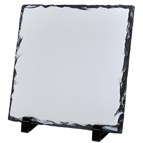 A square-shaped glossy photo slate with a white printing area and black slate edges, displayed on a stand.